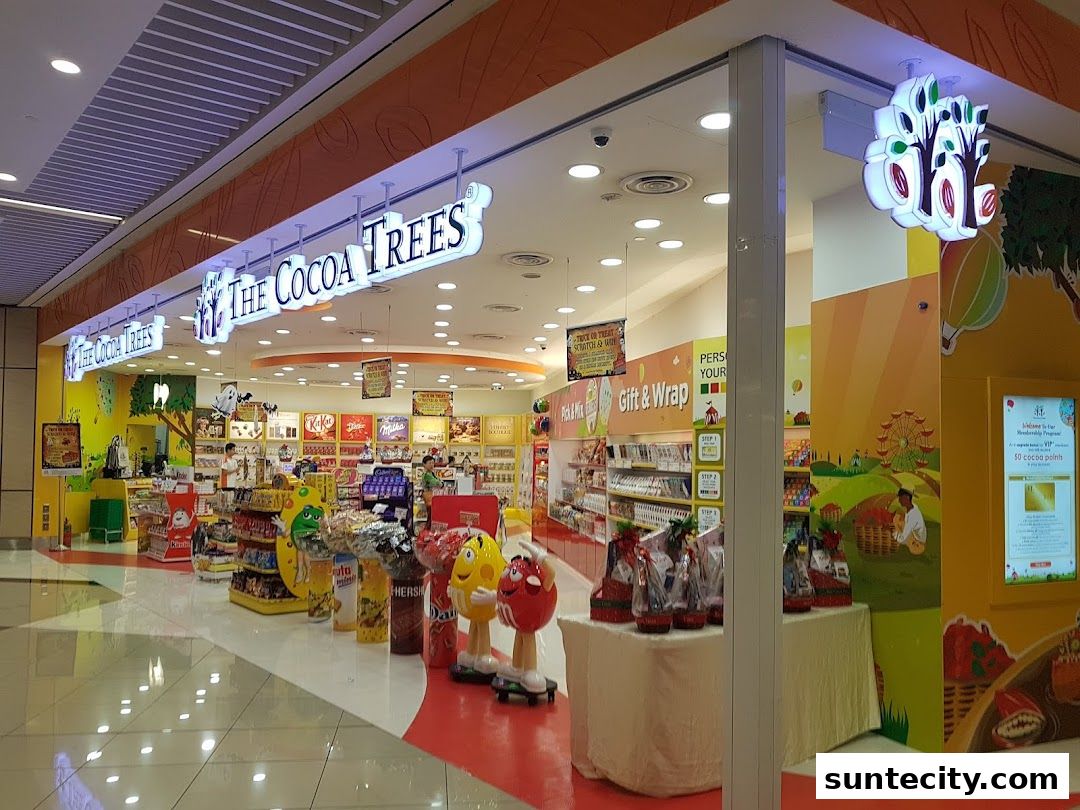 The Cocoa Trees shop front filled with various chocolates and gift items.