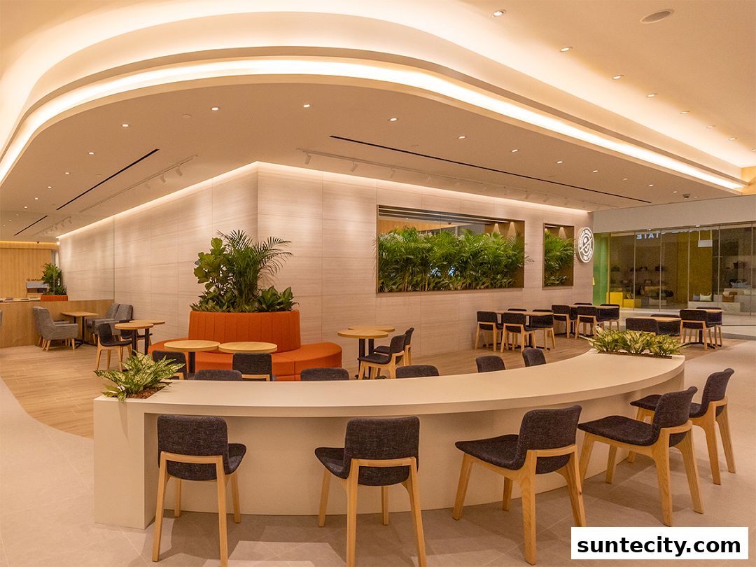 Interior of a modern coffee shop with comfortable seating and lush greenery.