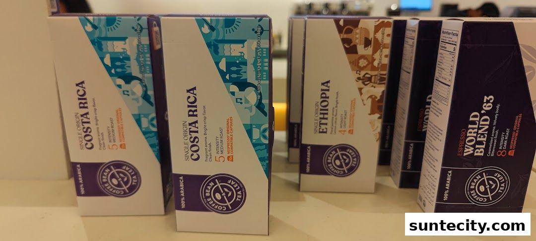 Boxes of single-origin coffee capsules from The Coffee Bean & Tea Leaf.