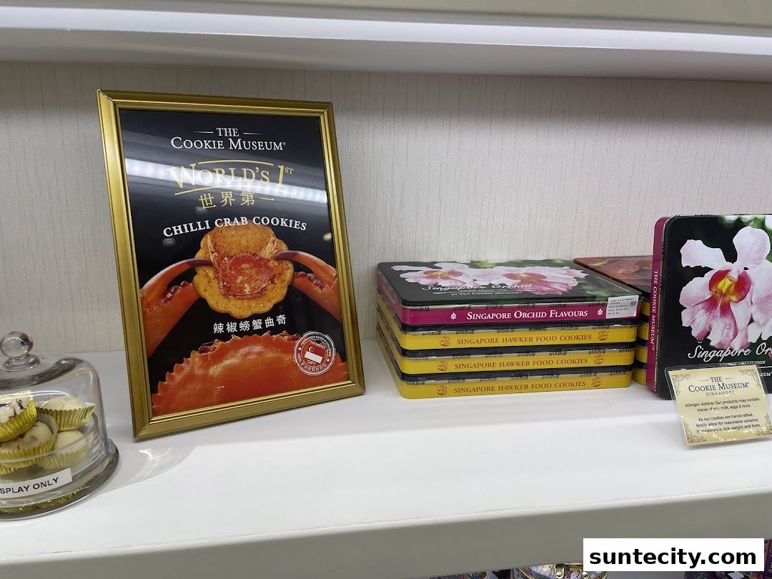 A display of unique cookies from The Cookie Museum, featuring Chilli Crab and Singapore Orchid flavors.