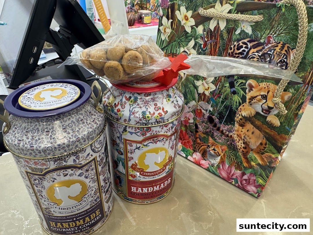 Two decorative cookie tins and a gift bag featuring cheetah cubs and jungle motifs.