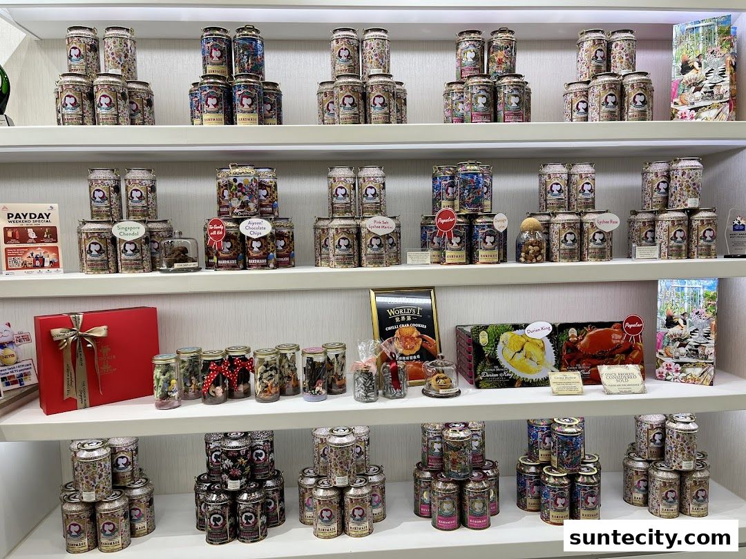 Shelves filled with decorative tins and jars of cookies and snacks from The Cookie Museum.