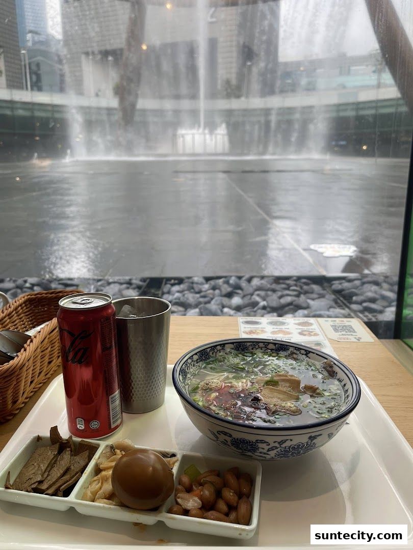 A bowl of Lanzhou beef noodles with side dishes and a can of Coca-Cola, with a fountain view.