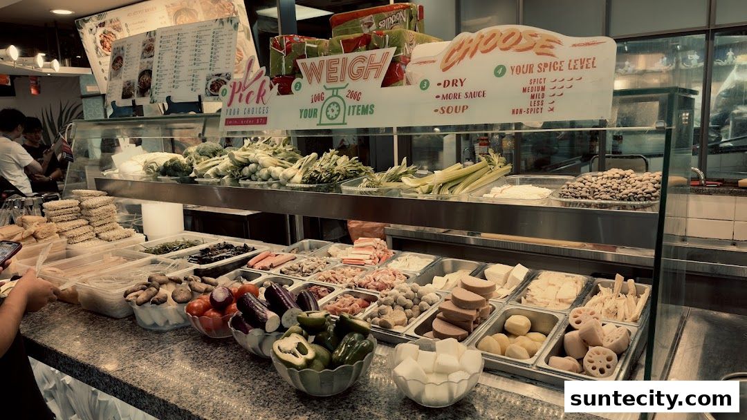 A display of fresh ingredients for hot pot, including vegetables, meats, and noodles.
