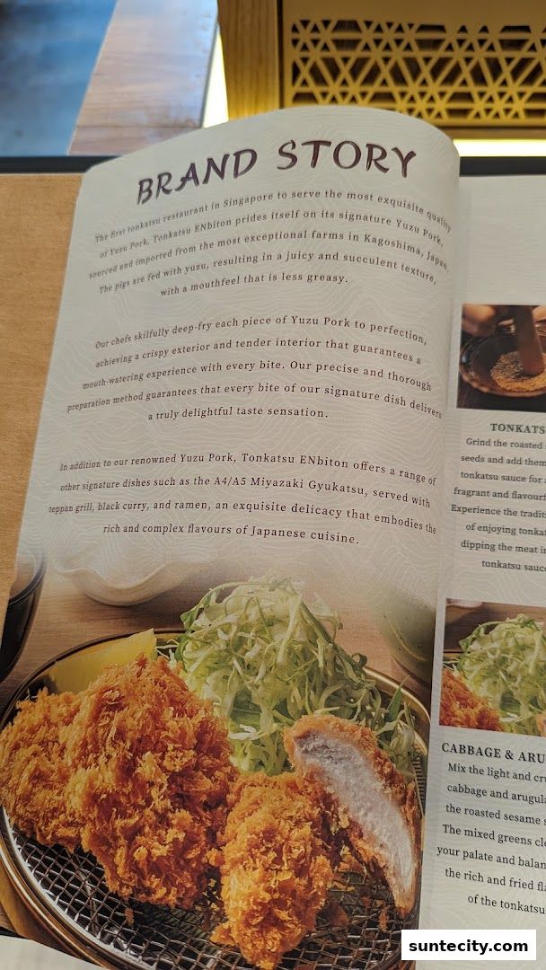 A spread showcasing Tonkatsu ENbiton's brand story and signature dishes.