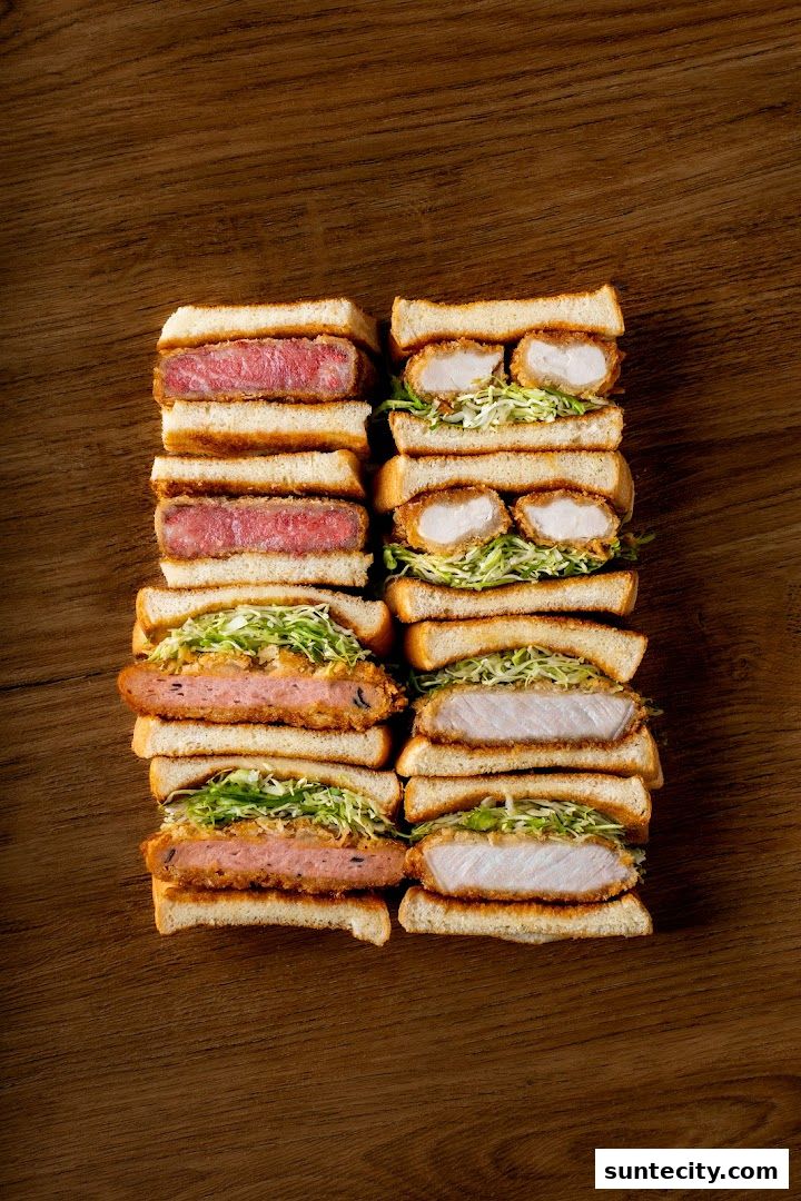 Two stacks of katsu sandwiches, one with beef and one with pork, on a wooden surface.
