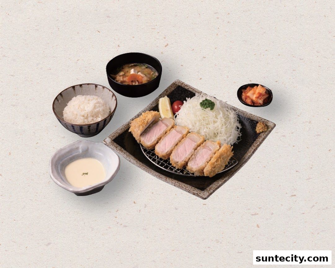 A delicious Tonkatsu set meal with rice, soup, kimchi, and dipping sauce.