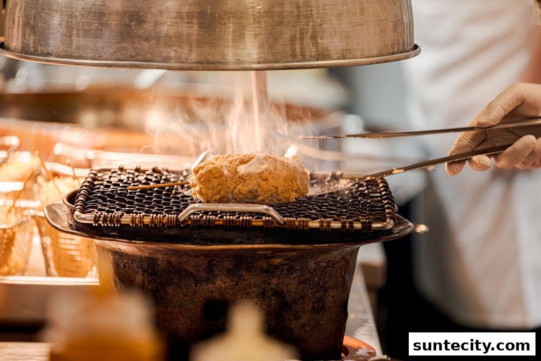 A chef grills a breaded cutlet over a small charcoal grill, with steam rising.