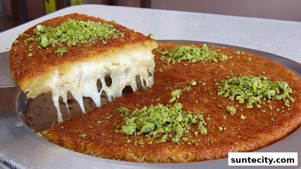 A slice of delicious Kunafa with melted cheese and pistachios being lifted from the dish.