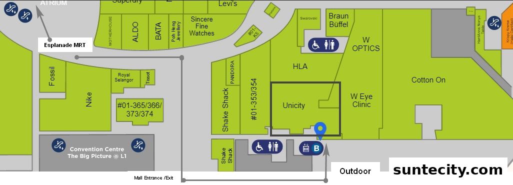 A mall directory map showing the location of Unicity and other shops.