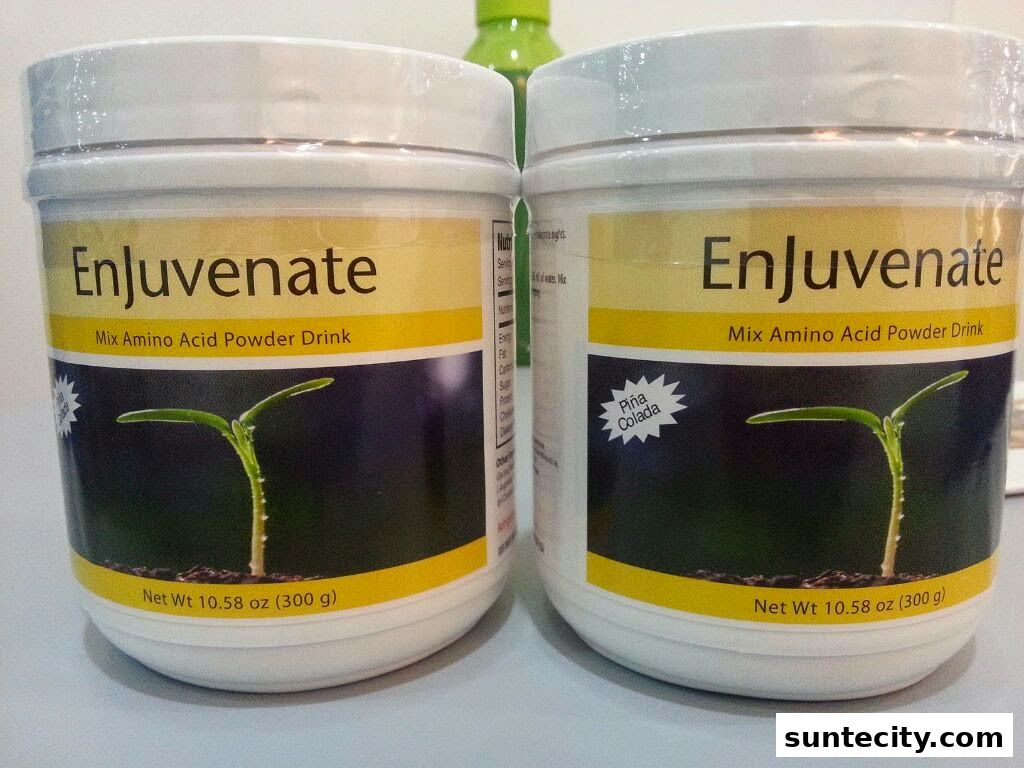 Two tubs of Enjuvenate Mix Amino Acid Powder Drink with a seedling graphic.