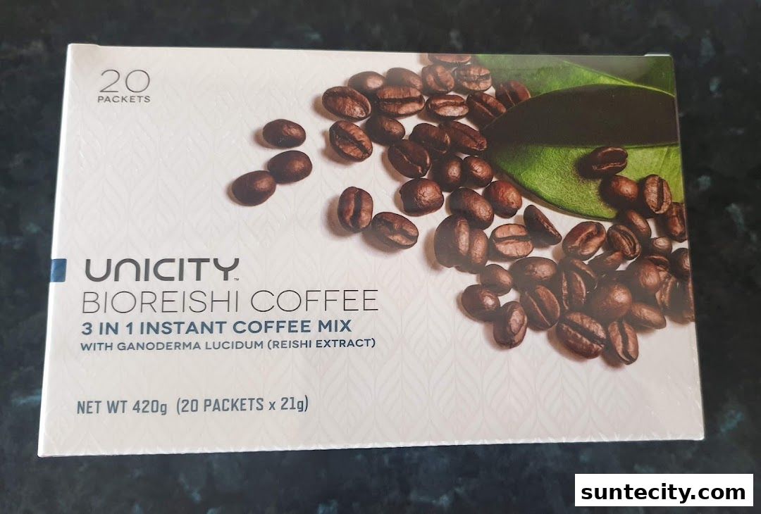A box of Unicity Bioreishi Coffee, a 3-in-1 instant coffee mix with Reishi extract.