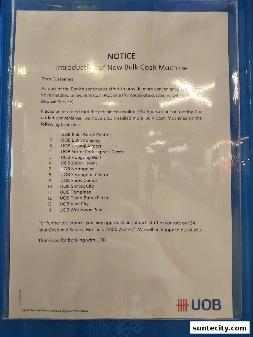A notice from UOB about the introduction of new bulk cash machines at various branches.