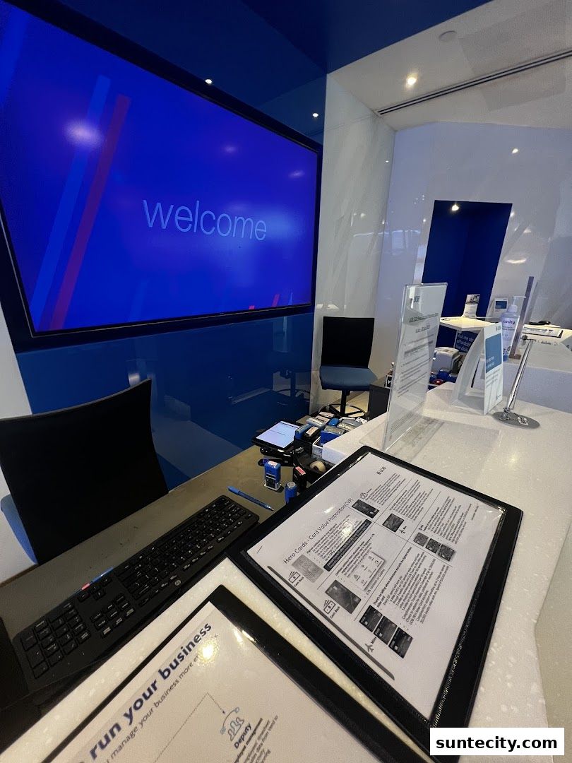 A modern bank counter with a large screen displaying 'welcome' and informational brochures.