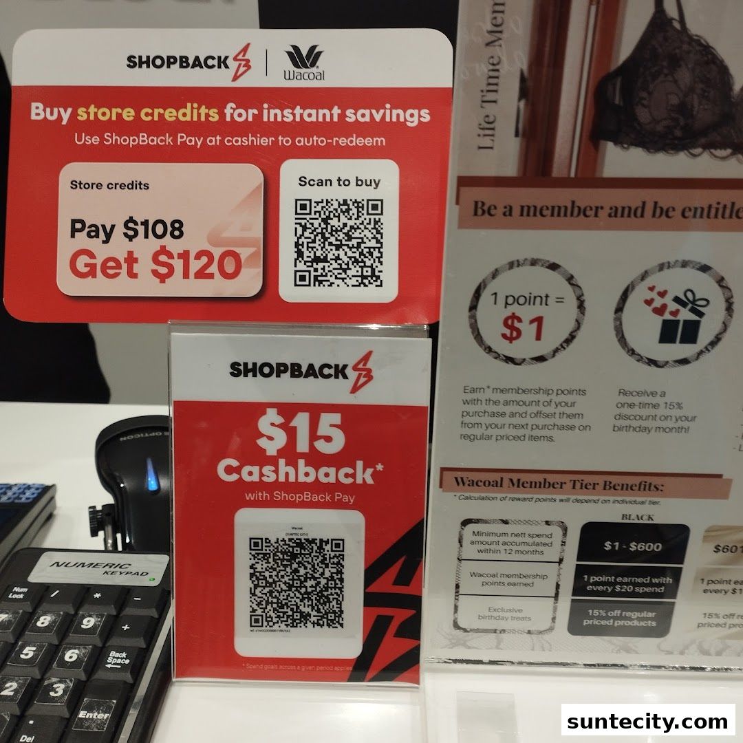 Promotional signs for Wacoal offering store credits and cashback with ShopBack Pay.
