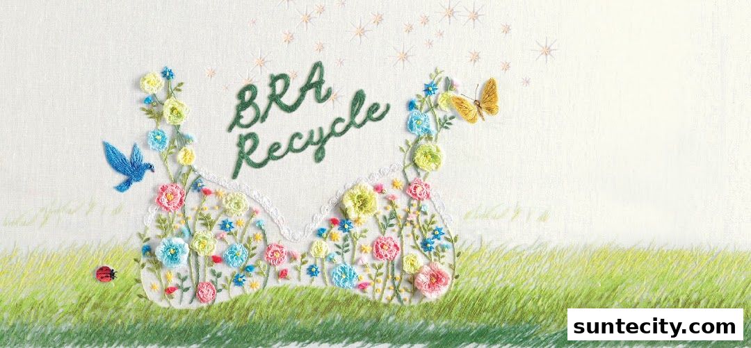 Embroidery of a bra decorated with flowers, birds, and butterflies, promoting bra recycling.
