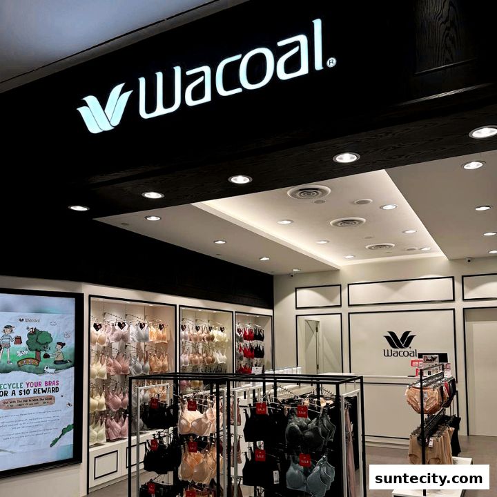 The Wacoal store interior showcases a wide selection of bras displayed on racks and shelves.