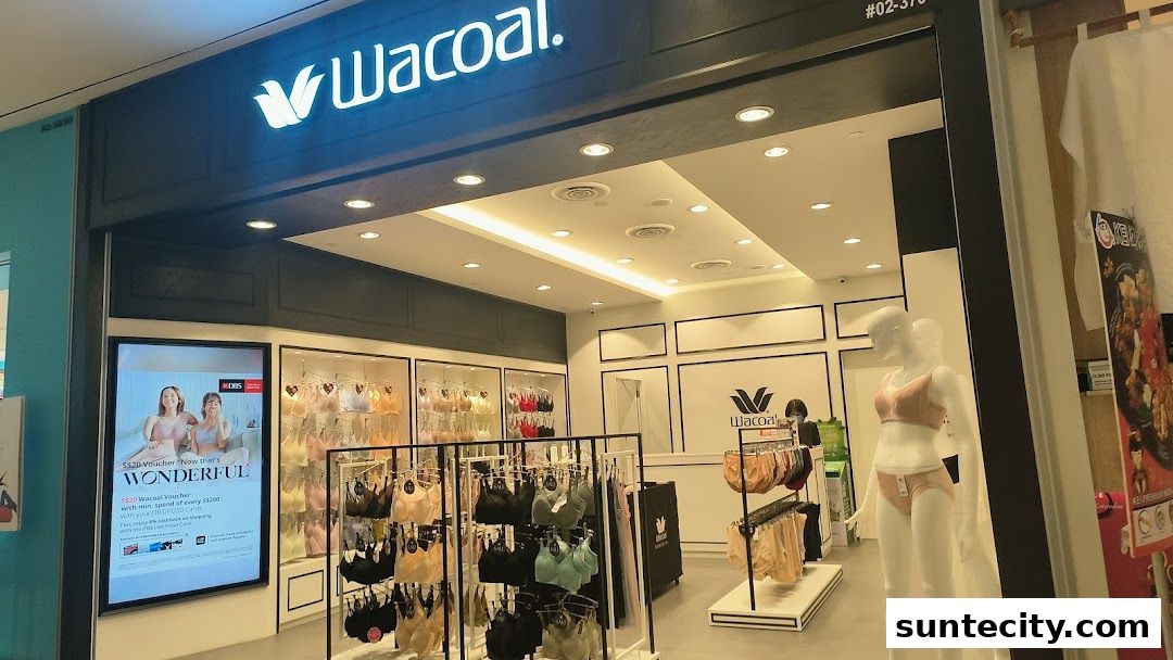 The Wacoal Suntec City shop front displays a variety of bras and lingerie on racks and shelves.