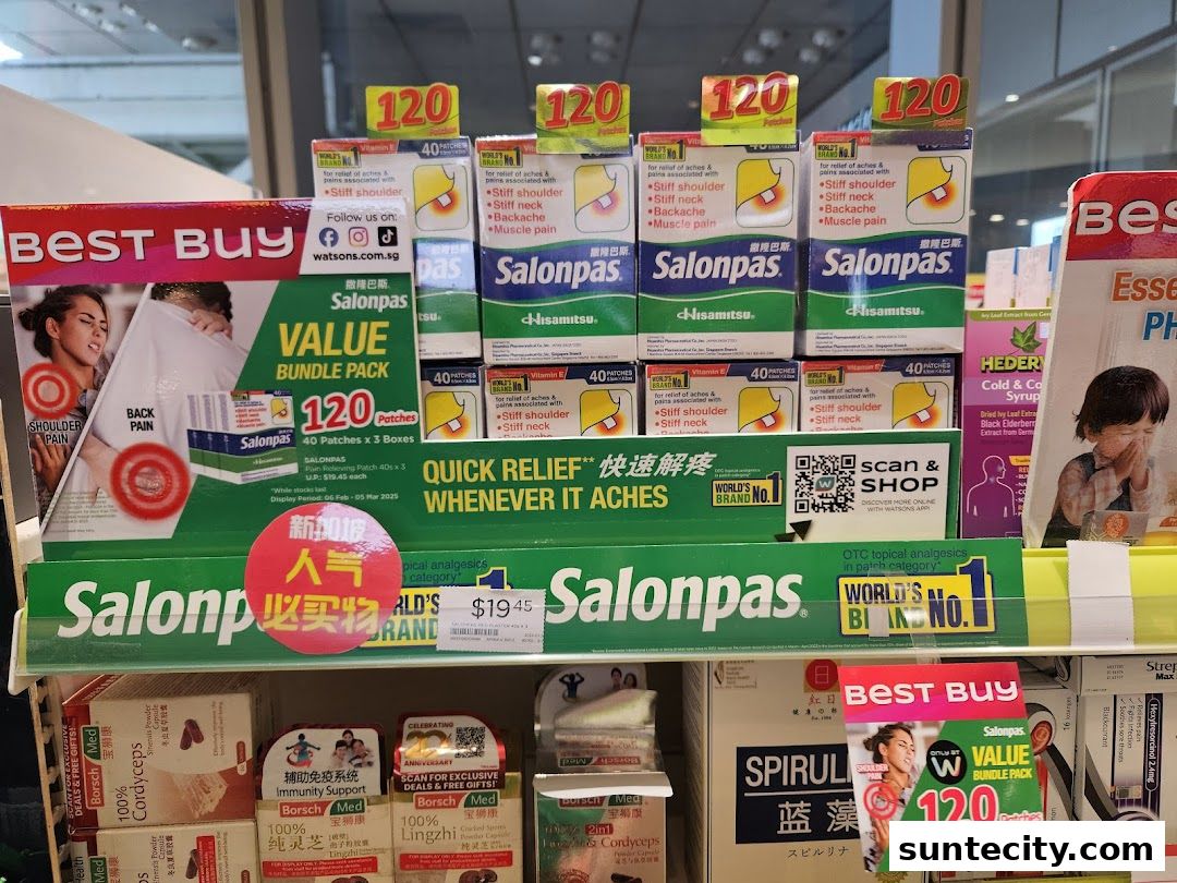 A display of Salonpas pain relief patches and other health products at Watsons.