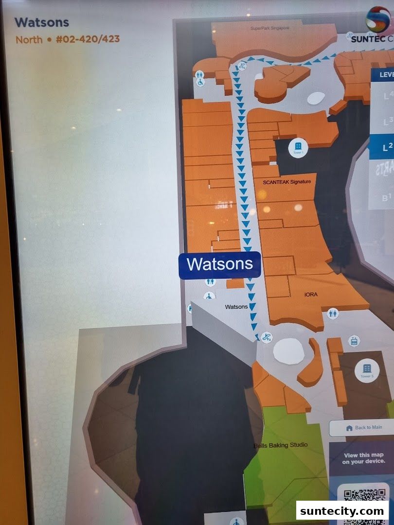 A digital map showing the location of Watsons and other shops within Suntec City.