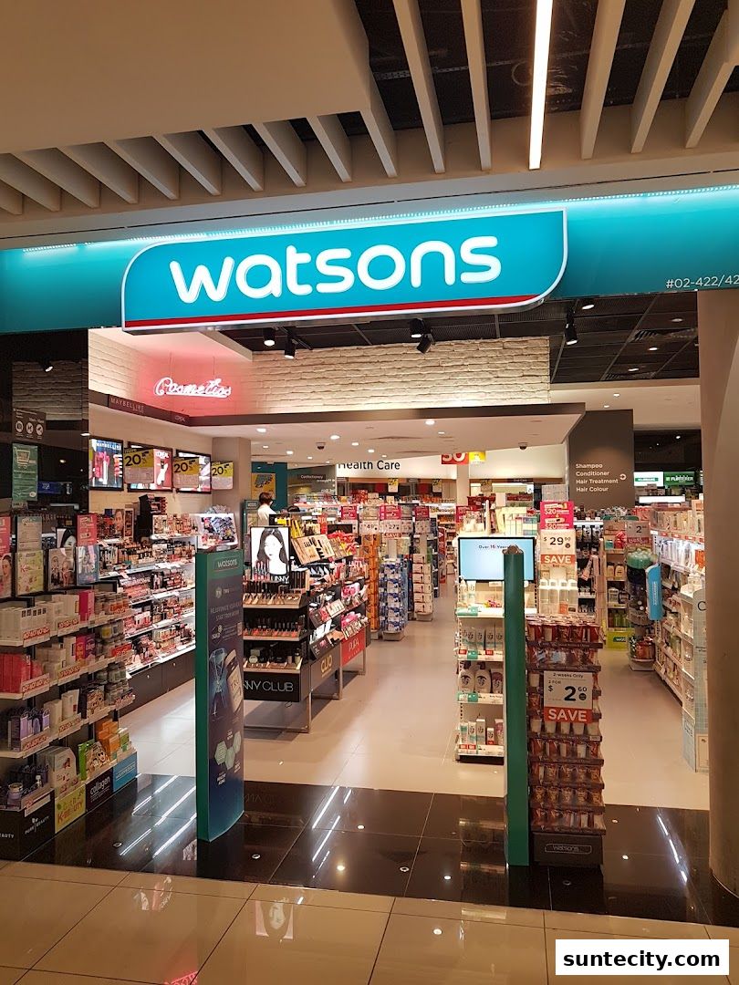 The entrance to a Watsons store, showcasing a wide selection of cosmetics and health care products.