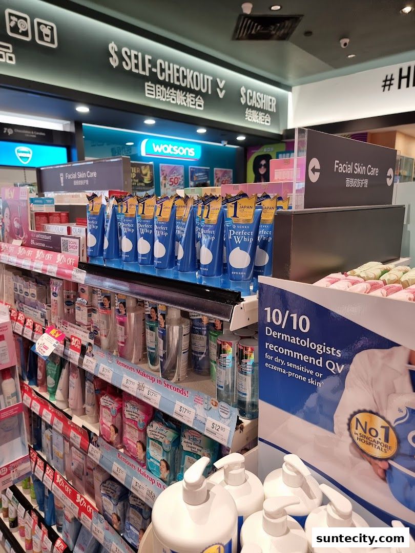 A Watsons store interior showcasing skincare products and checkout counters.