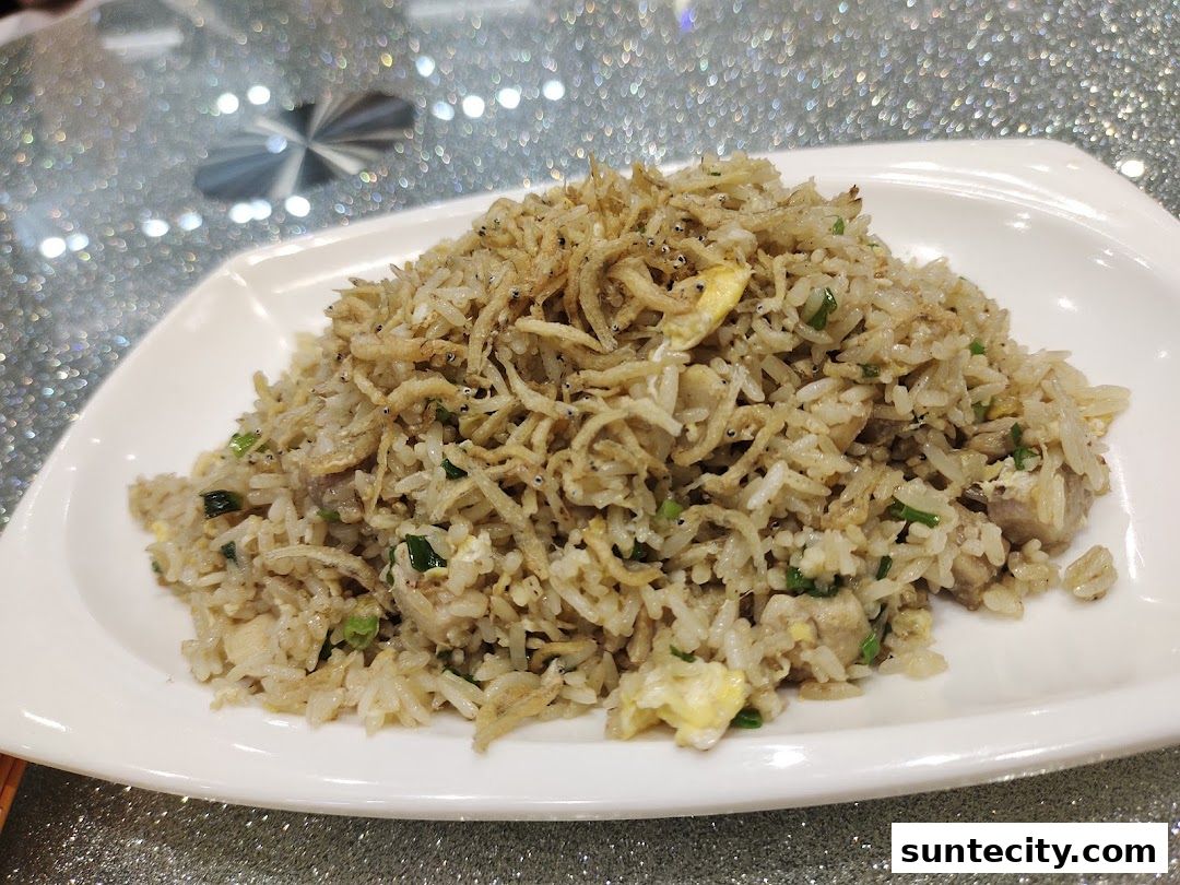 A plate of fried rice topped with small fried fish and chopped scallions.