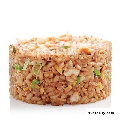 A close-up shot of a perfectly molded portion of savory fried rice with visible green onions.