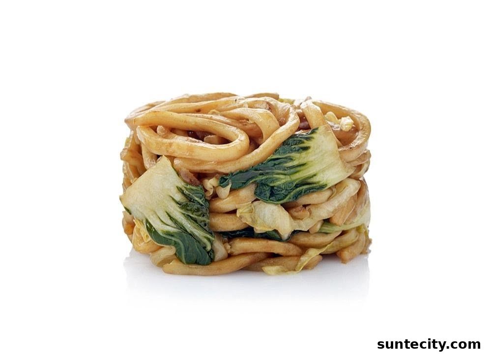 A close-up shot of a portion of stir-fried noodles with bok choy.