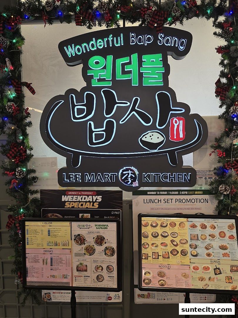 The storefront of Wonderful Bap Sang, a Korean restaurant, with menus displayed.