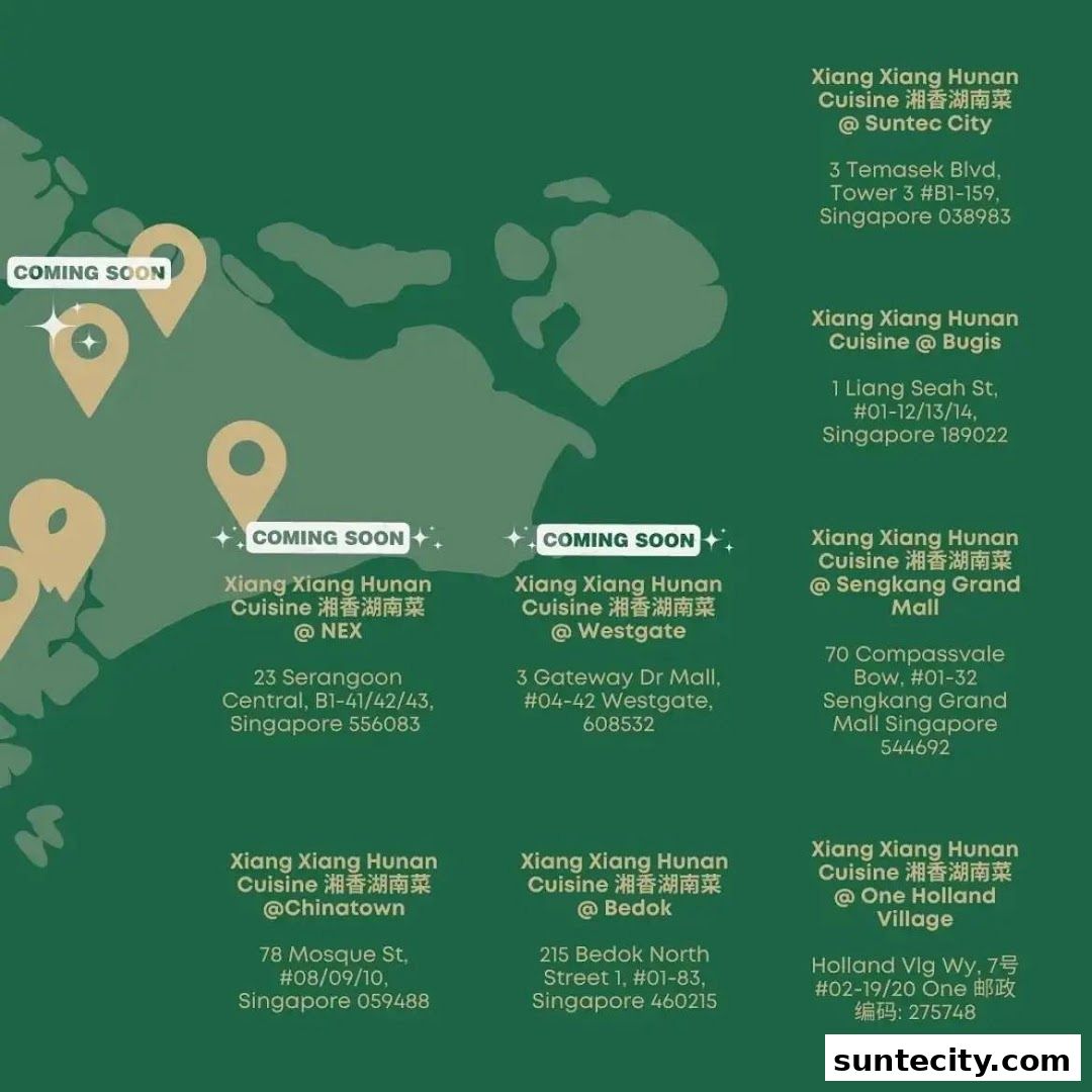 A map showing locations of Xiang Xiang Hunan Cuisine restaurants across Singapore.