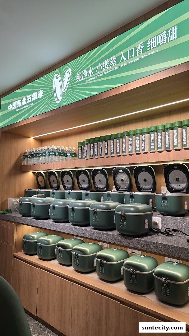 A display of green rice cookers and bottled water, with signage about rice.