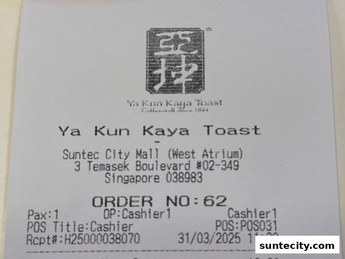 A receipt from Ya Kun Kaya Toast at Suntec City Mall.