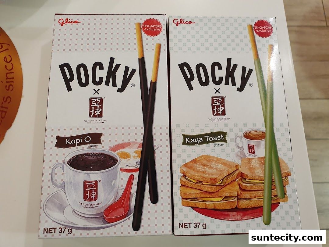 Two boxes of Pocky snacks featuring Ya Kun Kaya Toast flavors: Kopi O and Kaya Toast.