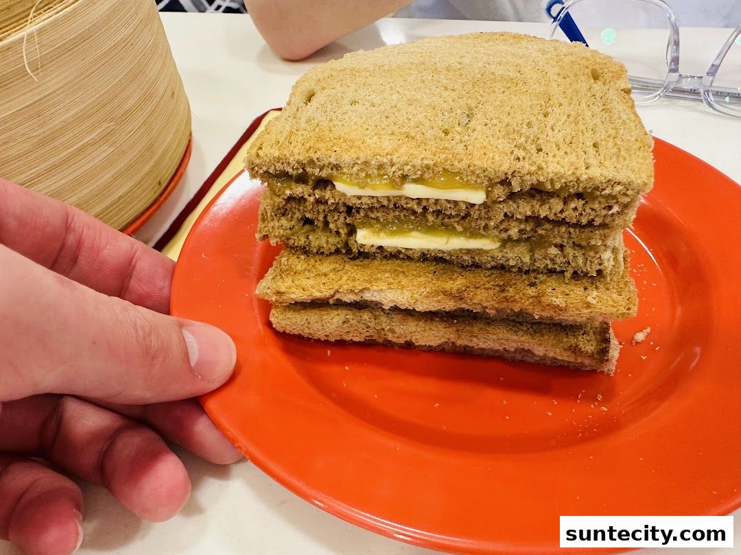 A hand holding a plate with stacked kaya toast and butter.