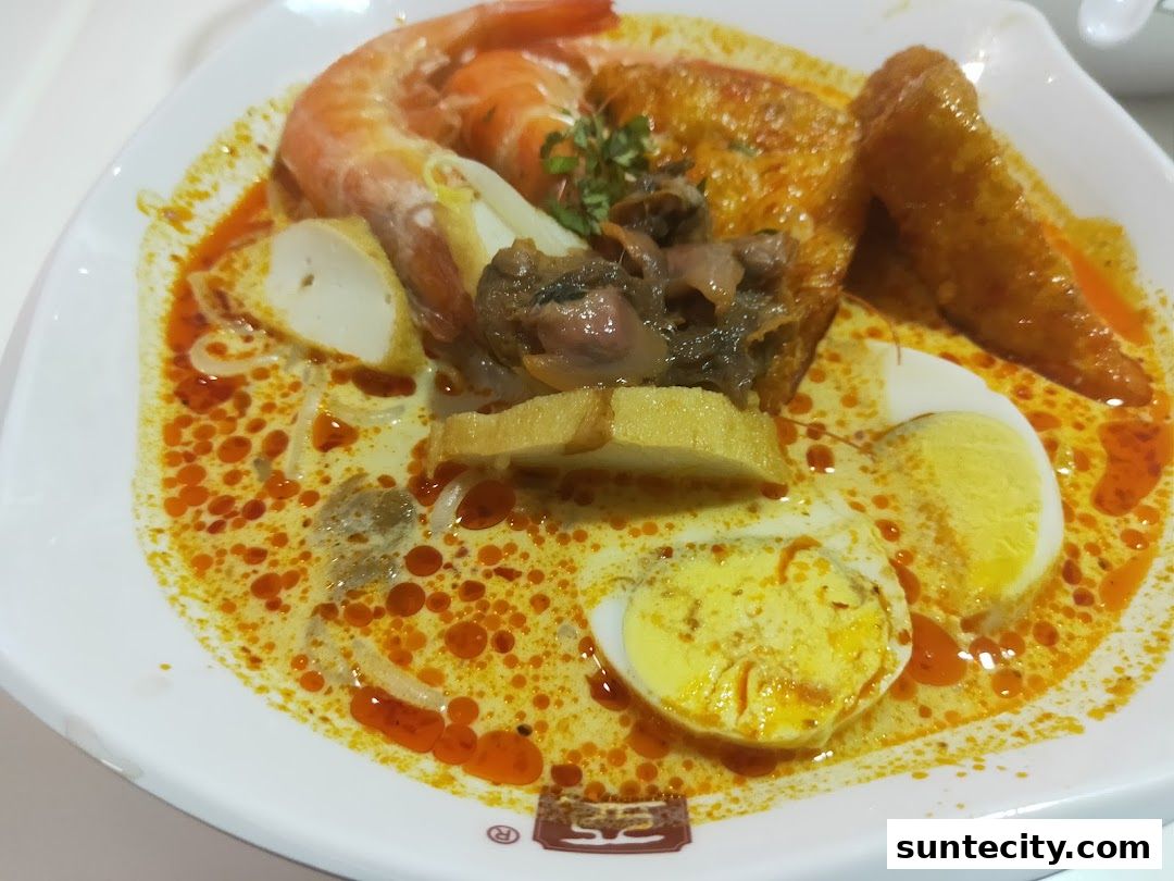 A close-up of a delicious bowl of Laksa with prawns, egg, and other toppings.