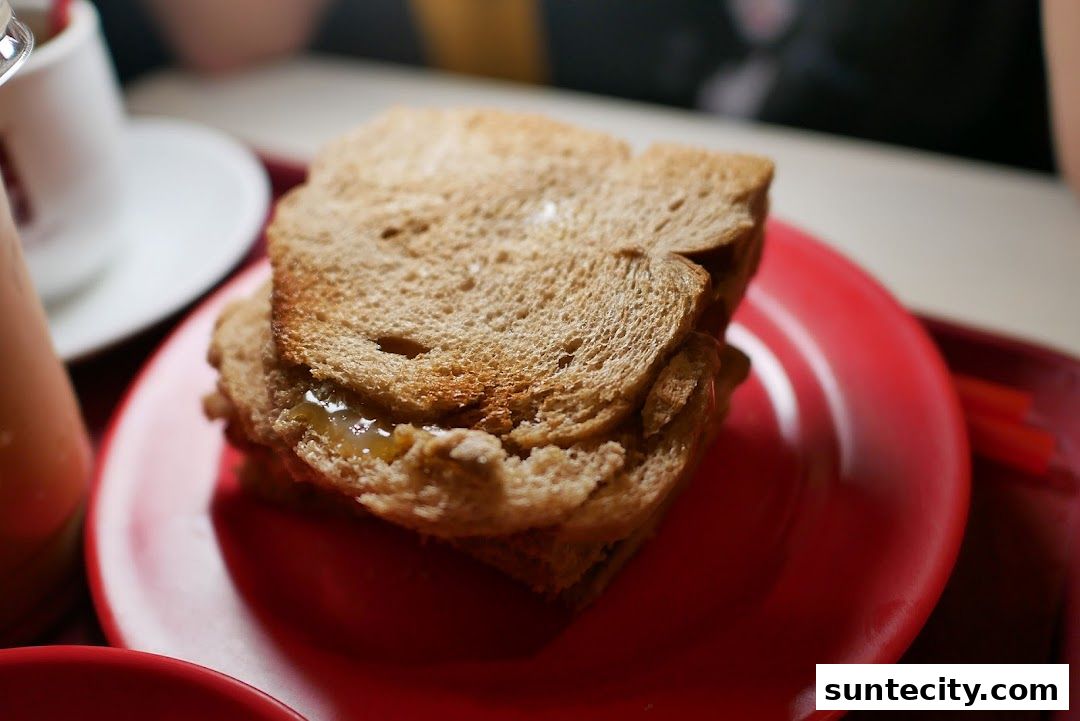 A close-up shot of a kaya toast sandwich on a red plate.