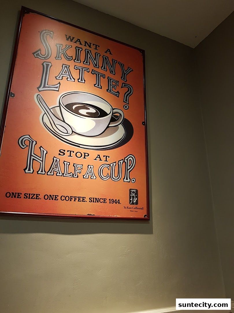A vintage-style advertisement for Ya Kun Kaya Toast promoting a 'skinny latte'.