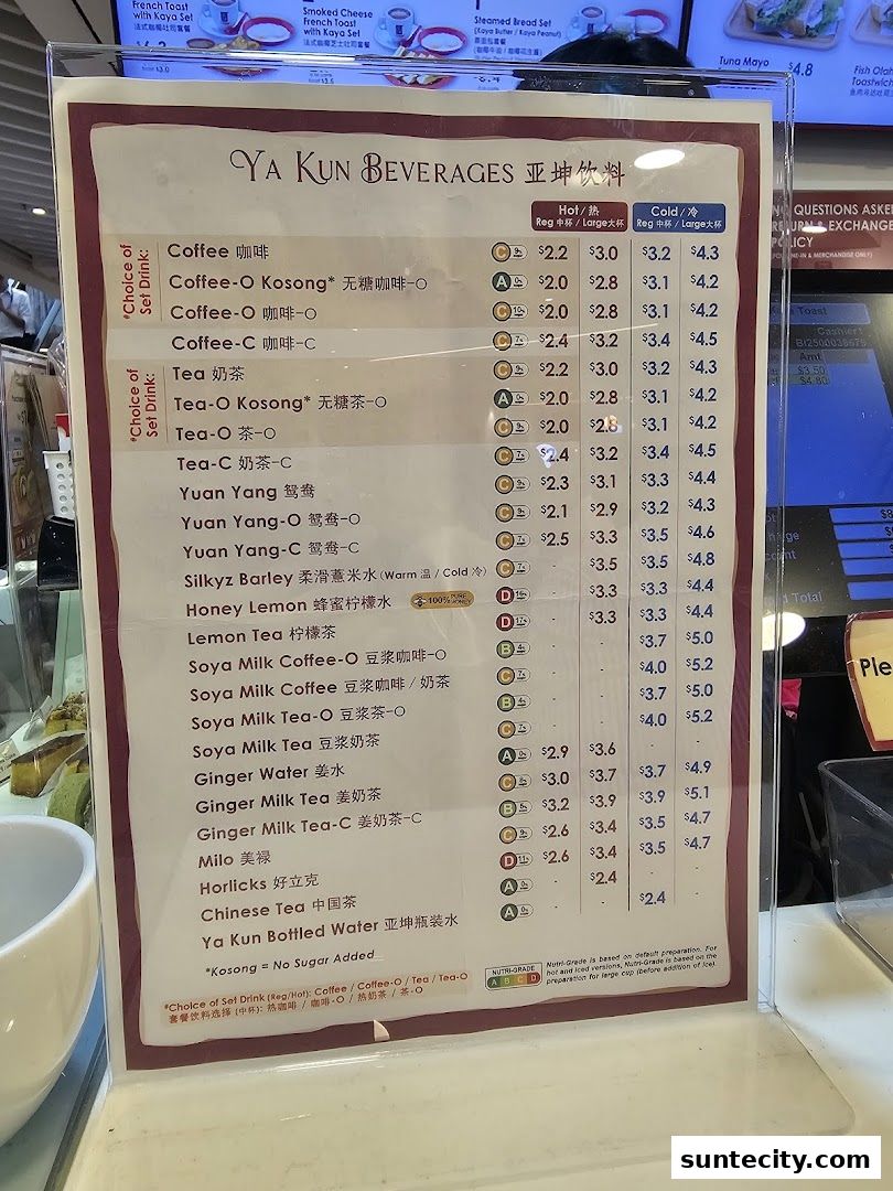 Menu page for Ya Kun Kaya Toast Suntec City East Tower Basement 1