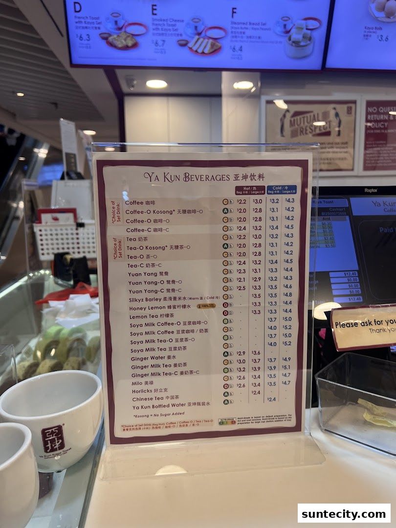 Menu page for Ya Kun Kaya Toast Suntec City East Tower Basement 1