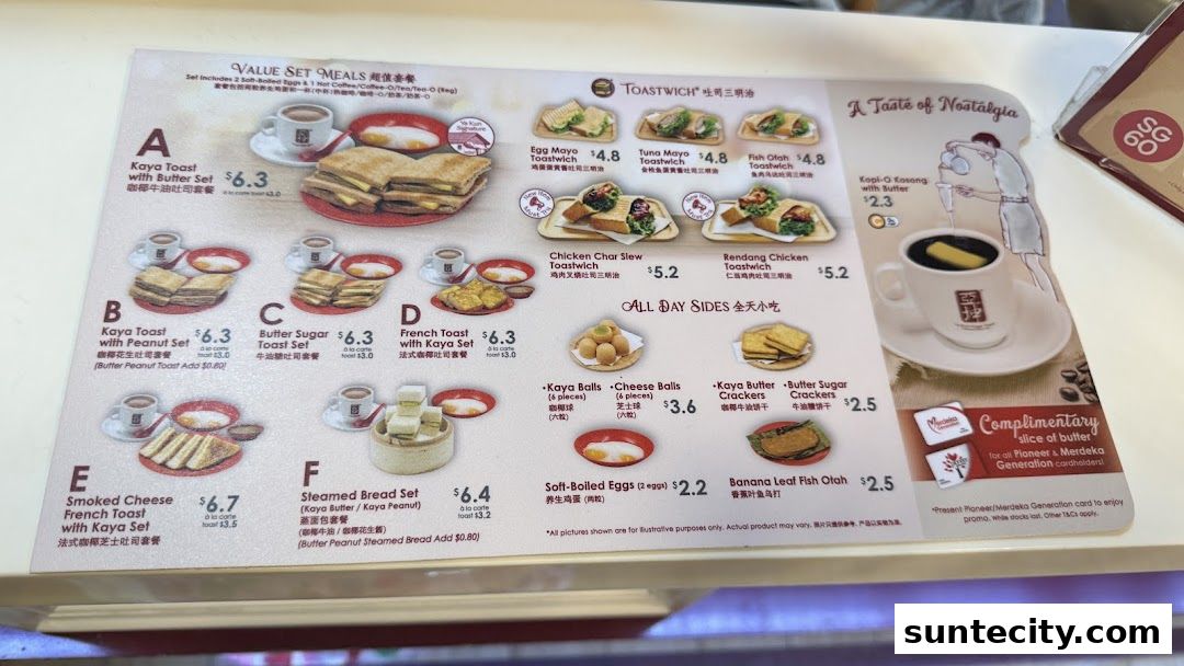 Menu page for Ya Kun Kaya Toast Suntec City East Tower Basement 1