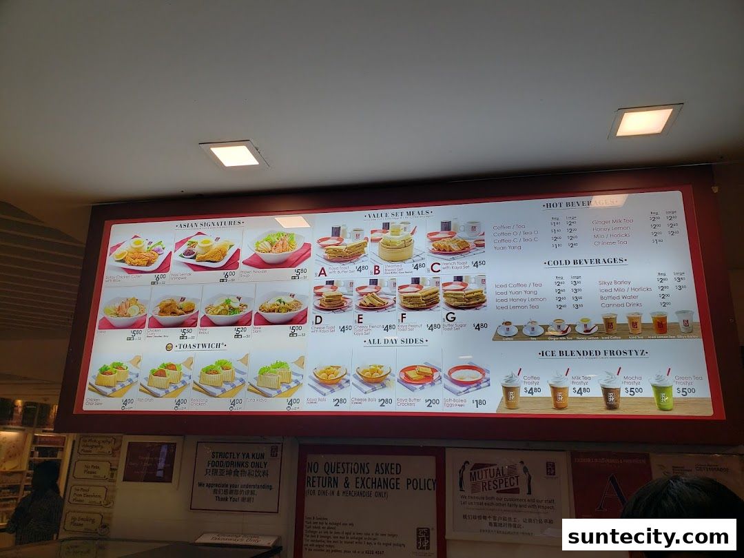 Menu page for Ya Kun Kaya Toast Suntec City East Tower Basement 1