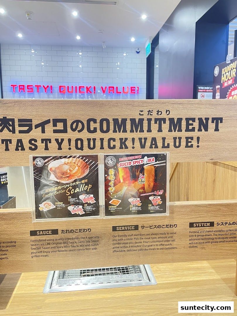 A display showcasing Yakiniku Like's commitment to tasty, quick, and value meals with menu highlights.