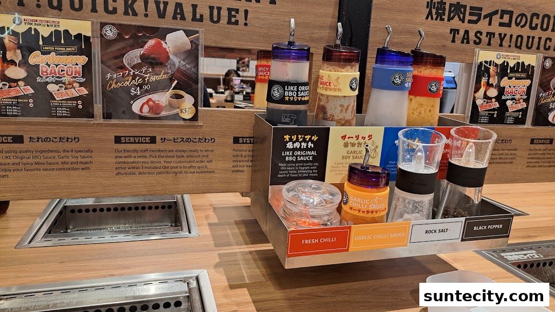 A display of sauces and menu items at Yakiniku Like Suntec City.