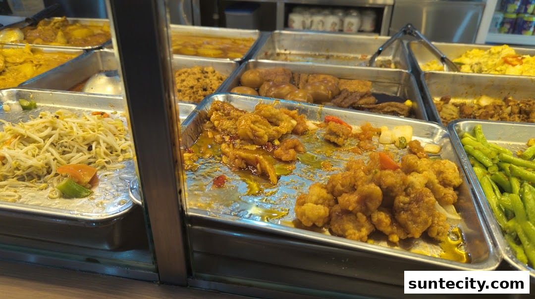 A variety of Teochew porridge dishes displayed in metal trays, ready to be served.