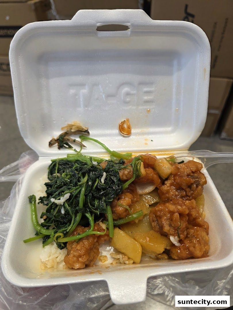 A takeout container filled with rice, stir-fried vegetables, and sweet and sour chicken.