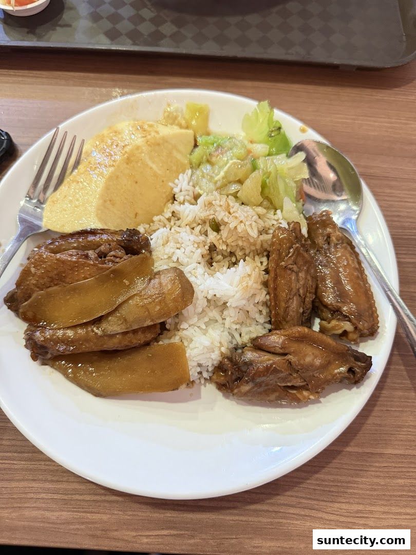A plate of Teochew porridge with braised chicken wings, braised pork belly, and vegetables.